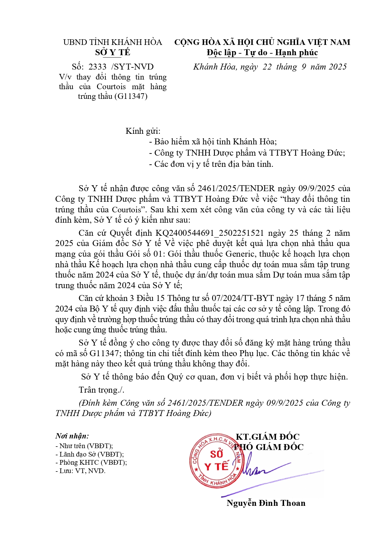 V/v thay đổi thông tin trúng thầu của Courtois mặt hàng trúng thầu (G11347)